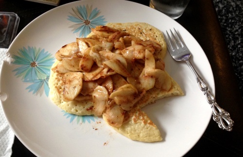Pancakes with sauteed apples with maple syrup and pumpkin pie spice